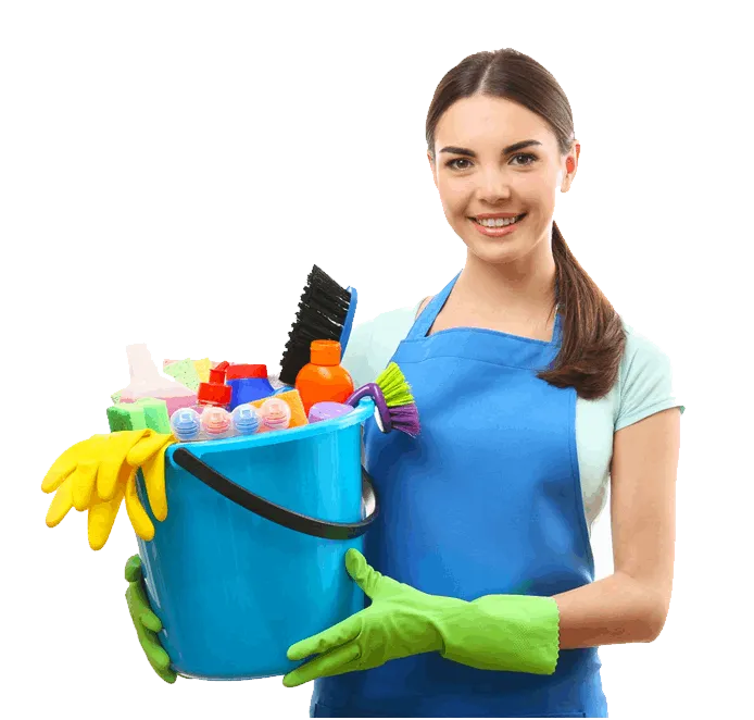 smiling girl carrying cleaning equipment